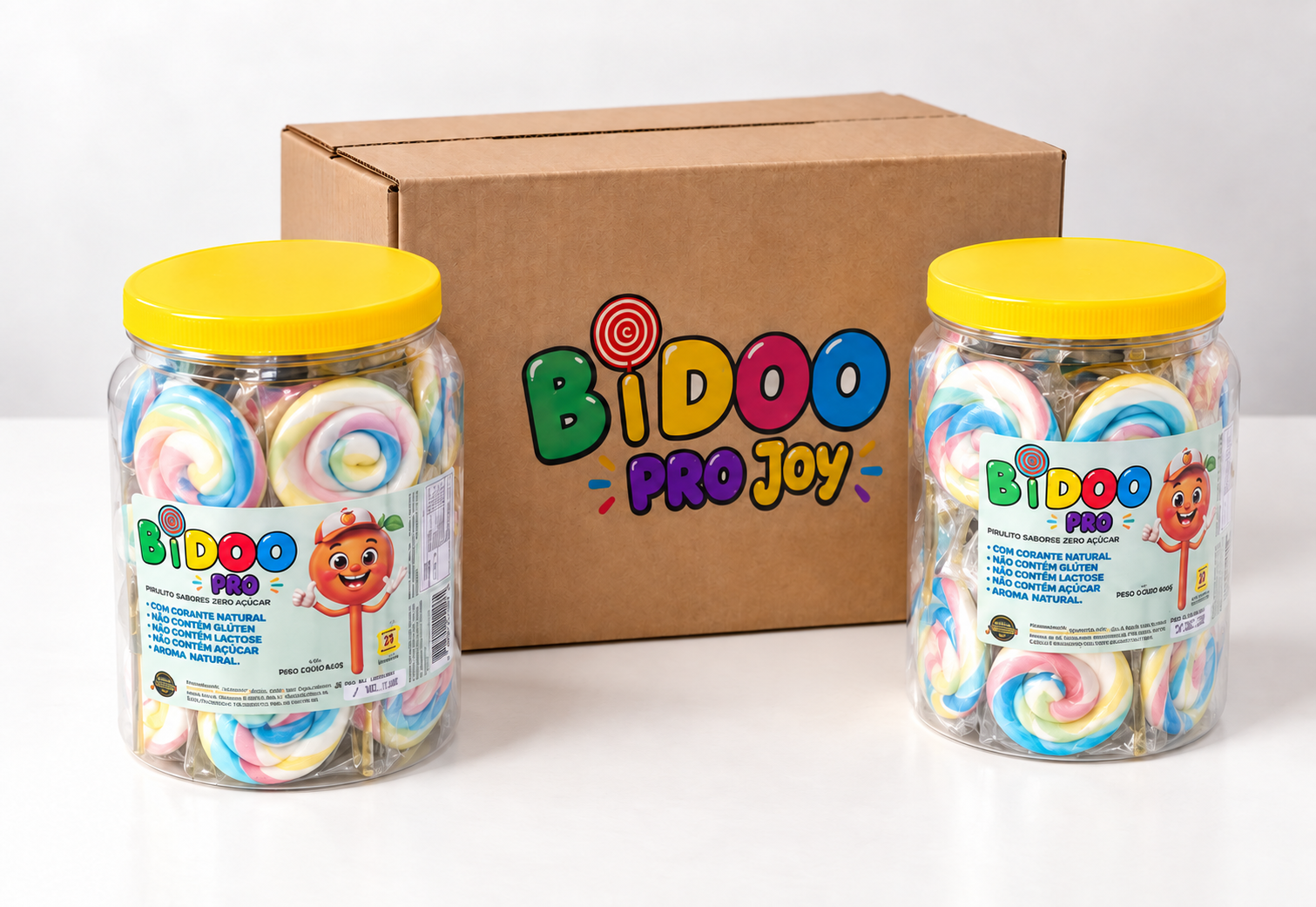 Dois potes Bidoo Pro Joy com a caixa de embarque